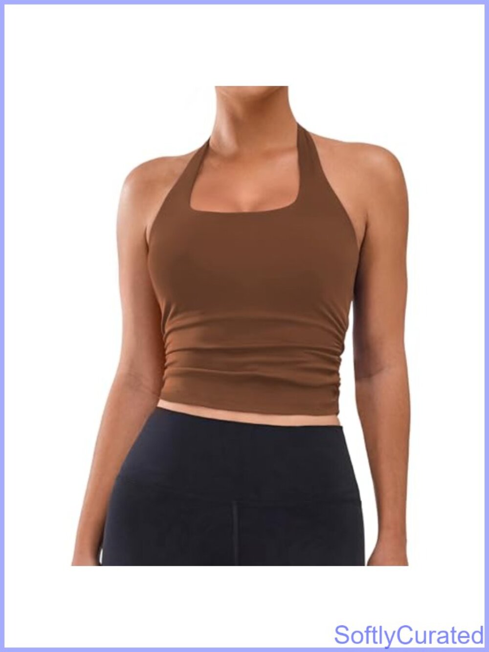 Womens Halter Neck Tank Top with Built in Bra Ruched Backless Workout Athletic